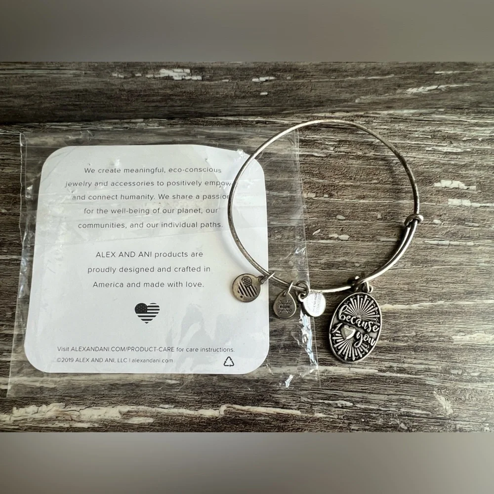 Alex and Ani Because I Love You Silvertone ‎ Charm Bangle Bracelet 2016 USA New